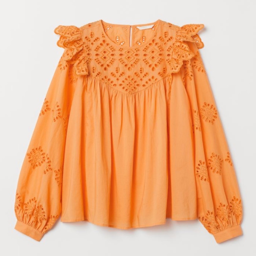 H&M Orange Eyelet Balloon Sleeve Ruffle Top